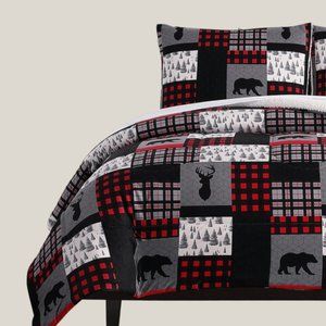 New 3 Piece Black / Grey Patchwork Luxury Sherpa Comforter Set • DOUBLE-QUEEN